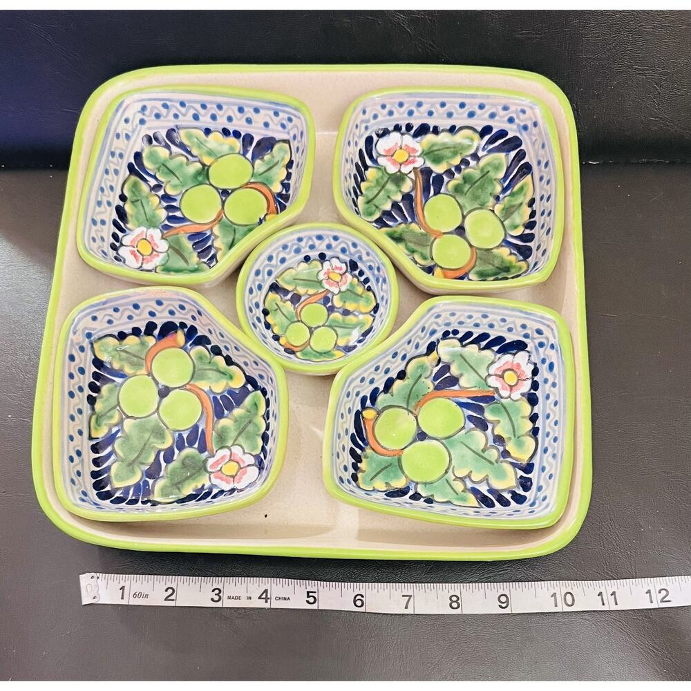 Mexican Talavera Square Kitchen 6 Piece Serving Set Nesting Bowls Appetizer Tray